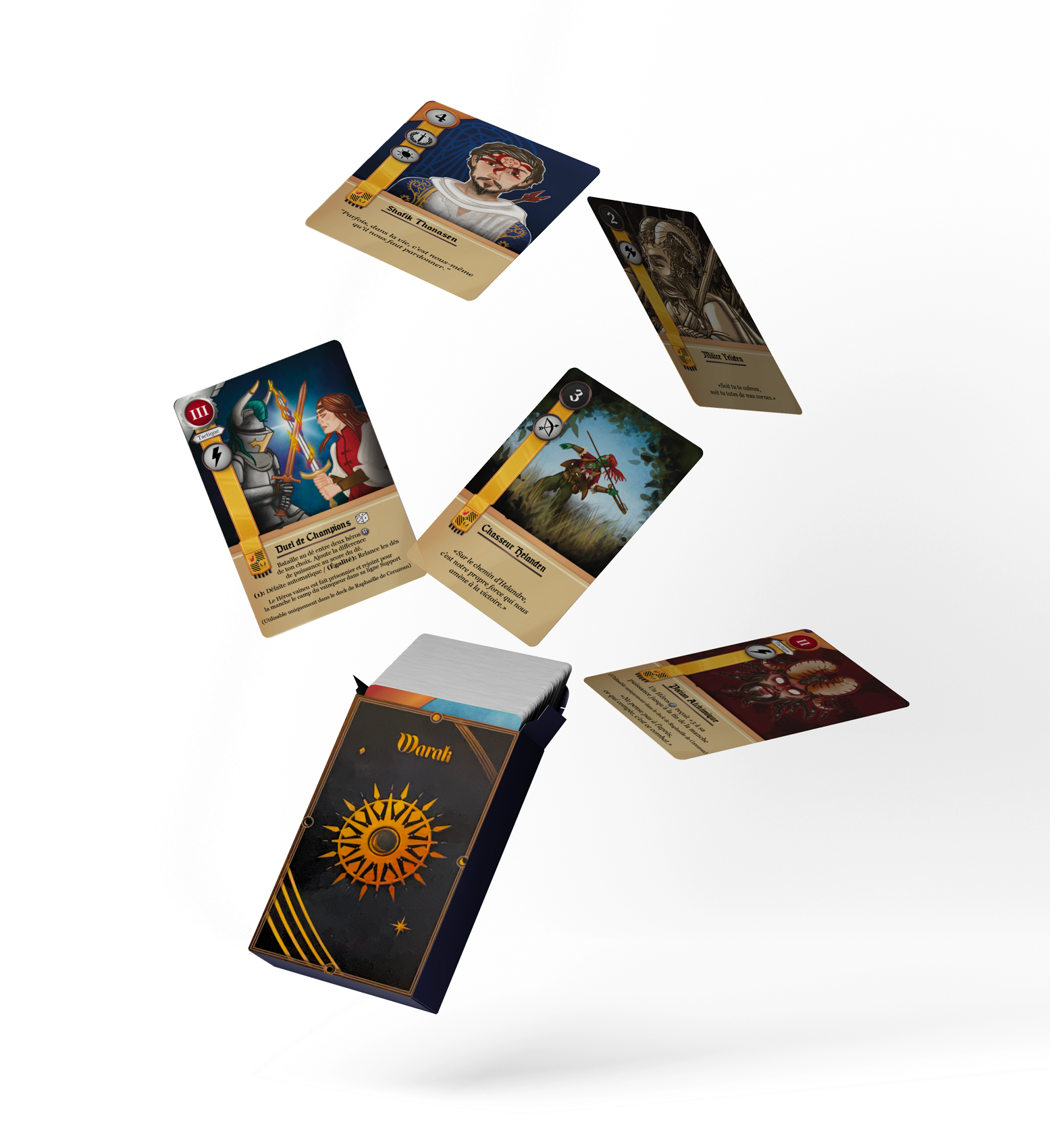 mise en situation de cartes de jeu illustrée et de son packaging en carton